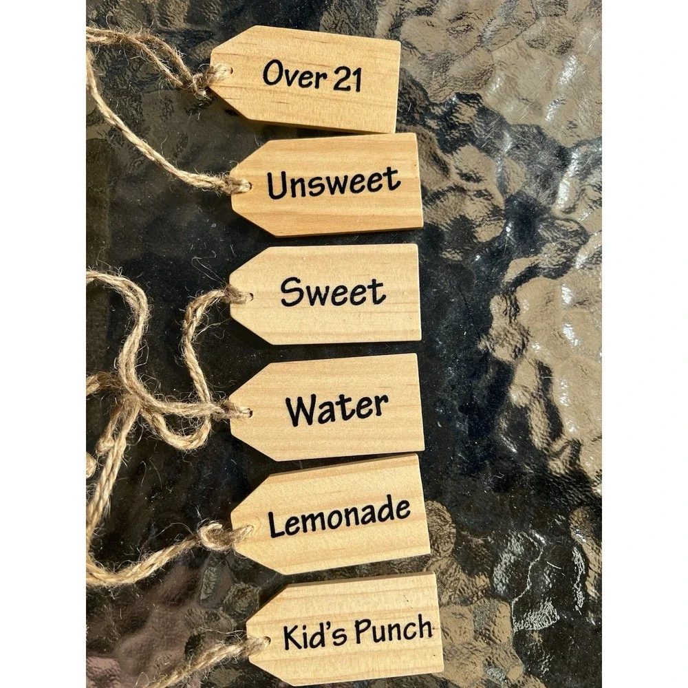Wood Drink Tags, Jute String - Water, Lemonade, Sweet, Unsweet, Over 21, Punch